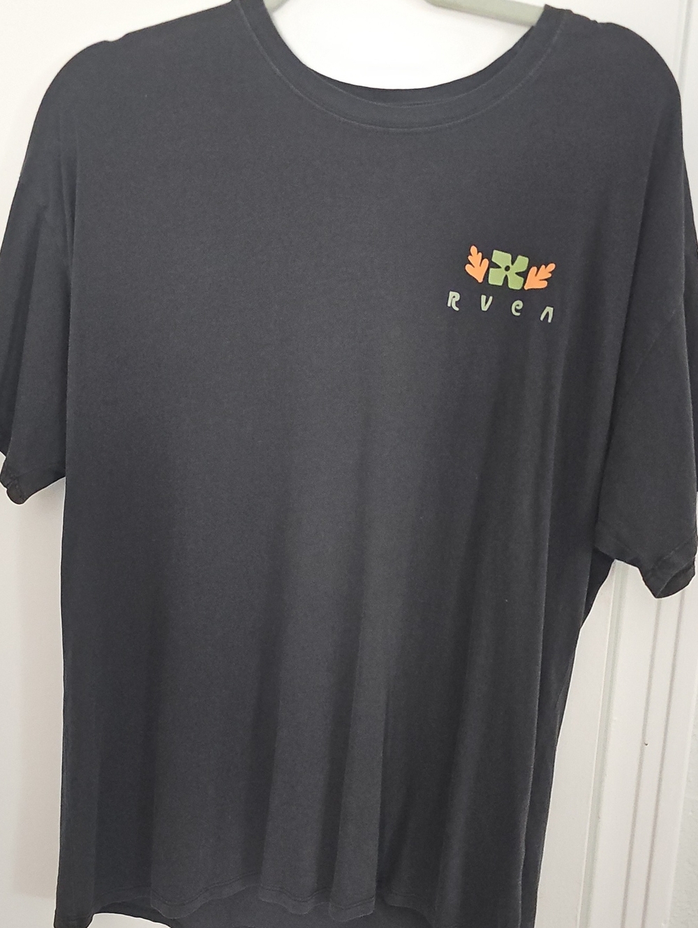 RVCA New Black Short Sleeve Tee with Orange & Green Logo